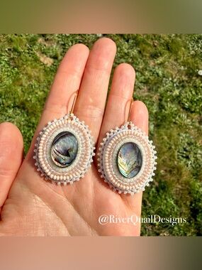 Handmade Beaded Pink Abalone Earrings. Native Made, Indigenous Art
